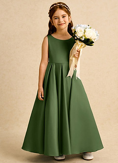 Azazie Pepper vestidos de niña de las flores Vestido de Oliva de Satin Mate de Corte En A con Plisado image6