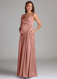 Azazie Emree Maternity Bridesmaid Dresses A-Line Stretch Satin Floor-Length Dress with Pockets image3