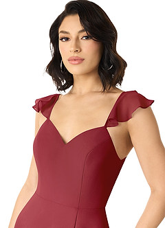 Azazie Everett Bridesmaid Dresses Pomegranate A-Line V-neck Ruched Chiffon Dress image4
