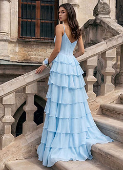 Floralace Sky Blue Ruffled A-line Prom Dress image4