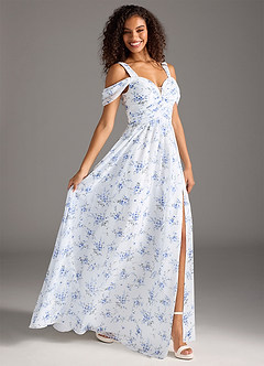 Azazie Lianne Bridesmaid Dresses Blue Cottage Floral A-Line Off the Shoulder Chiffon Dress image2