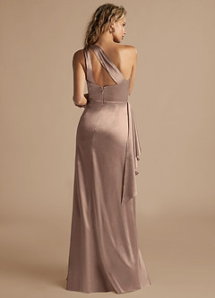 Azazie Maive Bridesmaid Dresses Taupe Sheath Ruched Metallic Satin Dress image3