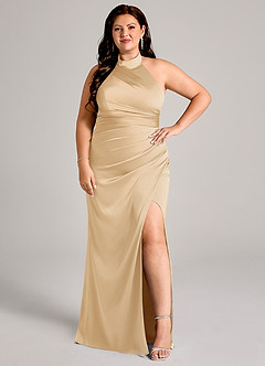 Azazie Jemma Jurken voor bruidsmeisjes Jurk van Stretch Satijn met Kolom Geplooid Goud image10