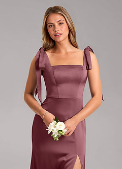 Azazie Frostine Bridesmaid Dresses Desert Rose A-Line Bow Stretch Satin Dress image4