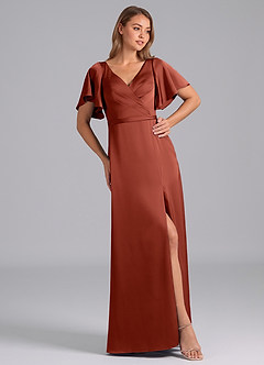 Azazie Ambrosia Bridesmaid Dresses Terracotta A-Line Pleated Stretch Satin Dress image4