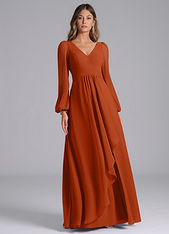Azazie Omari Bridesmaid Dresses Burnt Orange A-Line Long Sleeve Chiffon Dress image3