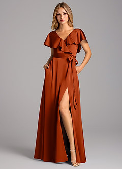 Azazie Lainey Bridesmaid Dresses Paprika A-Line with Pockets Stretch Satin Dress image4