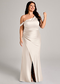 Azazie Madelyn Vestidos de damas de honor Vestido Alabastro Blanco de Satén Elástico de Corte Sirena Convertible con Un hombro image12