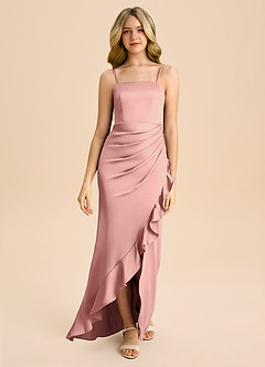 Azazie Buzzy Junior Rosette Sheath Pleated Stretch Satin Dress image4