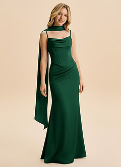 Azazie Sorrel Junior Vestido de Verde Oscuro de Satén Elástico de Corte en A con Volante image3
