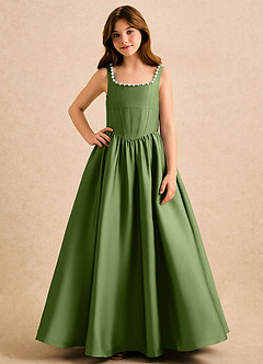 Azazie Enid Girls Formal Blumenmädchenkleider A-Linie Mit Perlen Stretch-Satin Kleid Wacholder image4