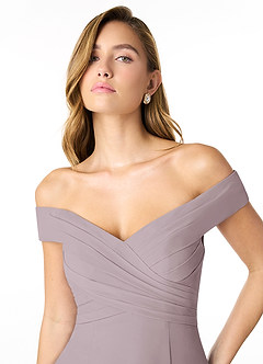 Azazie Lecia Bridesmaid Dresses Dusk Empire Off-The-Shoulder Pleated Chiffon Convertible Dress image6