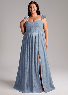 Azazie Denisse At-home Try On Dresses Dusty Blue A-Line Ruched Floral Burnout Dress image7