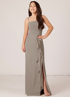 Azazie Kaylee Junior Taupe A-Line with Belt Chiffon Dress image4
