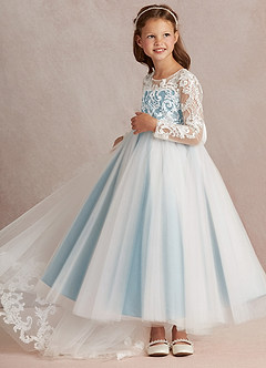 Azazie Elodie vestidos de niña de las flores Vestido de Marfil Azul Malhumorado de Encaje de Princesa image5