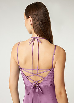 Azazie Desi Bridesmaid Dresses Wisteria Sheath Halter Corset Stretch Satin Dress image3