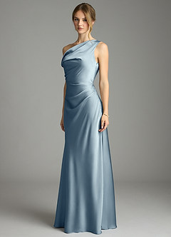 Azazie Emerson Robes de demoiselle d'honneur Robe Sirène en Satin extensible Épaule décolletée Bleu Poussiéreux image2