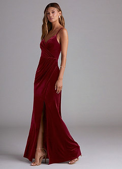 Azazie Maci Bridesmaid Dresses Burgundy Sheath Pleated Velvet Dress image3