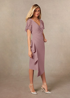 Azazie Eloise Mother of the Bride Dresses Dusty Rose Sheath Pleated Stretch Crepe Dress image5