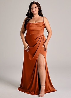 Azazie Johana Bridesmaid Dresses Burnt Orange Mermaid Off the Shoulder Stretch Satin Convertible Dress image13