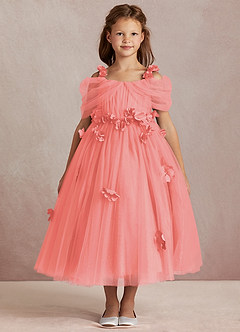 Azazie Shaylee Flower Girl Dresses Coral A-Line Off the Shoulder Tulle Dress image3