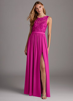 Azazie Elly Bridesmaid Dresses Fuchsia A-Line Lace Scoop Neck Chiffon Dress image3