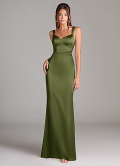Azazie Denice Bridesmaid Dresses Olive Sheath Pleated Stretch Satin Dress image3