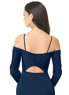 Azazie Hallie Bridesmaid Dresses Dark Navy Sheath Off-The-Shoulder Long Sleeve Stretch Satin Convertible Dress image8