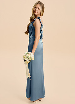 Azazie Jessamine Junior Dusty Blue A-Line Ruched Stretch Satin Dress image3
