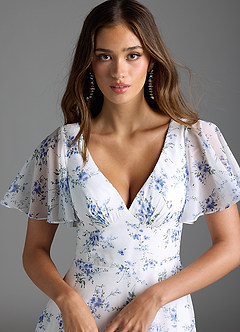 Azazie Kimber Bridesmaid Dresses Blue Cottage Floral A-Line Flounce Sleeve Chiffon Dress image5