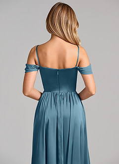 Azazie Raisa At-home Try On Dresses Sky Blue A-Line Off the Shoulder Stretch Satin Dress image2