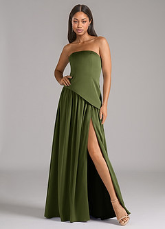 Azazie Adeline Bridesmaid Dresses Olive A-Line Strapless Stretch Satin Convertible Dress image1