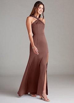 Azazie Rue Bridesmaid Dresses Espresso A-Line Pleated Stretch Satin Dress image4