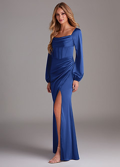 Azazie Charissa Bridesmaid Dresses Royal Blue Sheath Long Sleeve Stretch Satin Dress image5