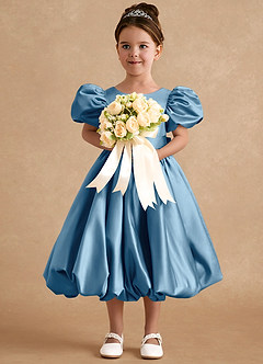 Azazie Jellybean Flower Girl Dresses Steel Blue Ball-Gown Ruched Matte Satin Dress image3