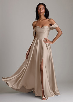 Azazie Loisa Bridesmaid Dresses Taupe A-Line Off the Shoulder Stretch Satin Dress image1