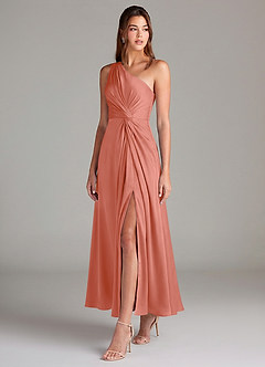 Azazie Brooke Bridesmaid Dresses Salmon Pink A-Line One Shoulder Stretch Satin Dress image3