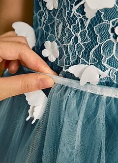 Azazie Darlina Flower Girl Dresses Ivory Ink Blue Ball-Gown Lace Tulle Dress image12