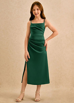 Azazie Canna Girls Formal vestidos de niña de las flores Vestido de Verde Oscuro de Satén Elástico de Corte en A con Plisado image4