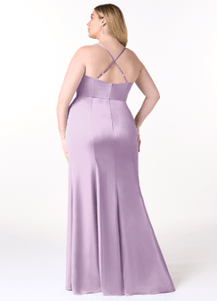 Azazie Marzia Bridesmaid Dresses Frosted Lilac Sheath Cowl Pleated Stretch Satin Dress image8