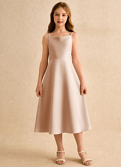 Azazie Jaella Girls Formal Blomsterpigekjoler A-Line Plisseret Mat satin Te-længde Kjole image3