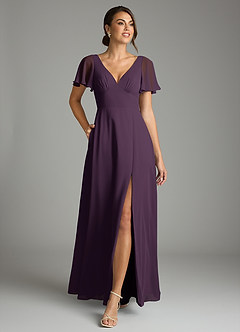 Azazie Kimber Bridesmaid Dresses Plum A-Line Flounce Sleeve Chiffon Dress image4
