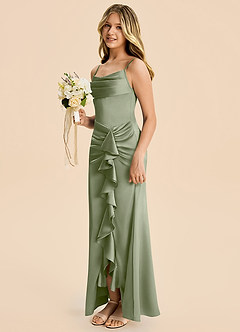 Azazie Rosalia Junior Pistachio Sheath Pleated Stretch Satin Dress image3