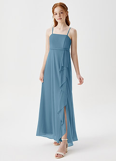 Azazie Kaylee Junior Steel Blue A-Line with Belt Mesh Dress image3