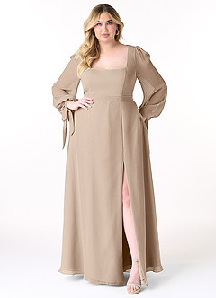 Azazie Leonia Bridesmaid Dresses Taupe A-Line Long Sleeve Chiffon Dress image11