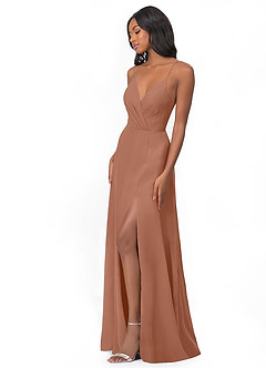 Azazie Everleigh Abiti da Damigella Abito A-Line in Chiffon con Scollo a Cuore a Pieghe Bronzo image4