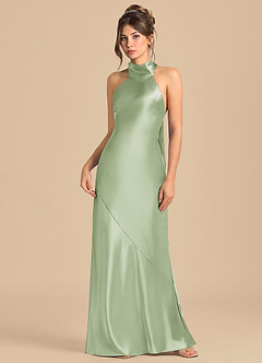 Azazie Velli 신부 들러리 드레스 쉬스 하이넥 메탈릭 새틴 바닥 길이 드레스 image3