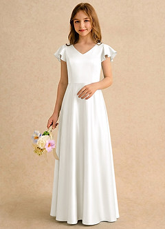 Azazie Nari Girls Formal Sukienki dla dziewczynek sypiących kwiaty Linia A z rękawami Matowy satynowy Długość podłogi Sukienka image3