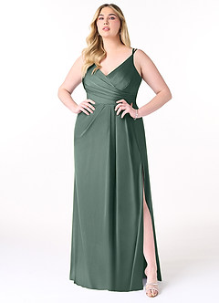 Azazie Aqua Robes de demoiselle d'honneur Robe Trapèze en Satin extensible Col V plissé Mousse De Mer image8