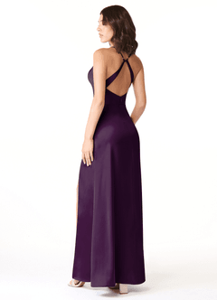 Azazie Geanna Bridesmaid Dresses Grape Sheath V-Neck Pleated Stretch Satin Dress image4